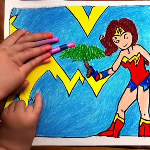 Prompt: child's drawing of wonder woman fighting a tree monster.