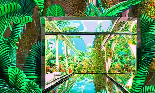 Image similar to mirror in a vaporwave jungle, 4k Photograph