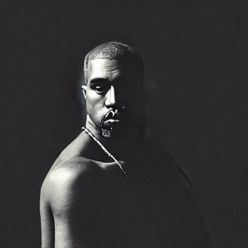 Image similar to a ( ( ( ( ( ( ( ( ( ( ( ( chiaroscuro lighting portrait ) ) ) ) ) ) ) ) ) ) ) of kanye west dressed as rick owens, black background, portrait by julia margaret cameron, shallow depth of field, 8 0 mm, f 1. 8