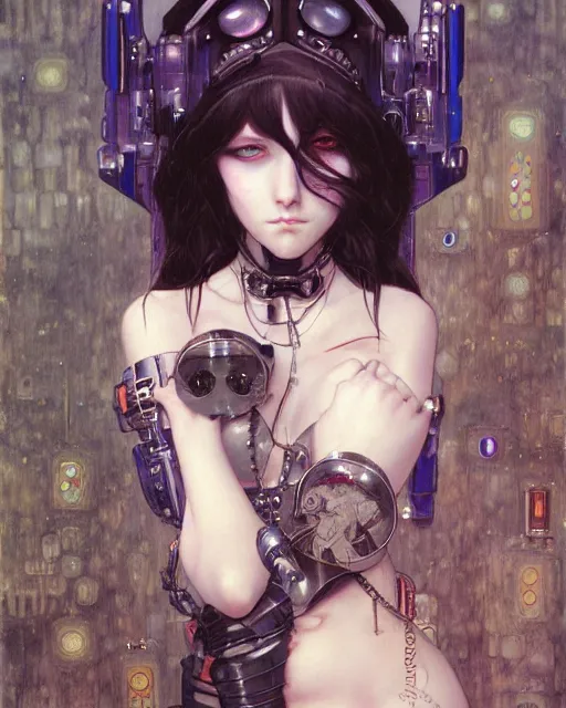 Image similar to portrait of cute beautiful young gothic maiden, cyberpunk, Warhammer, highly detailed, artstation, illustration, art by Gustav Klimt and Range Murata