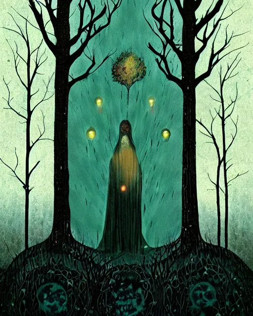 Image similar to tarot card, haunted woods, Art nouveau, by andy kehoe