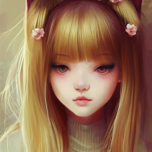 Image similar to realistic beautiful gorgeous natural cute Blackpink Lalisa Manoban blonde hair cute fur blonde cat ears in maid dress outfit golden eyes artwork drawn full HD 4K highest quality in artstyle by professional artists WLOP, Taejune Kim, Guweiz, ArtGerm on Artstation Pixiv