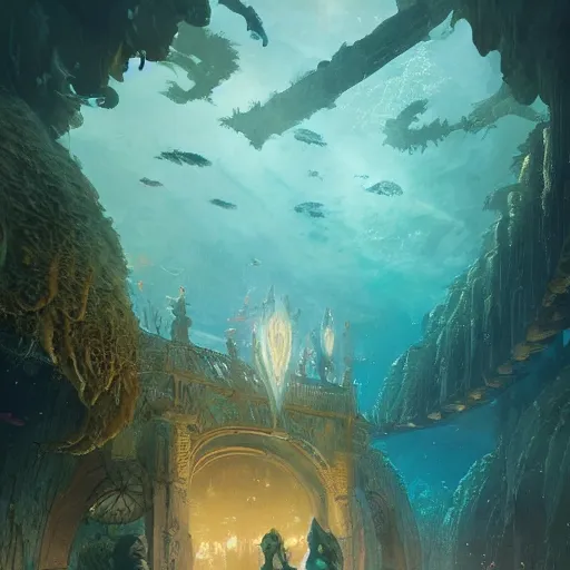 Image similar to a beautiful stunning interesting fantasy digital matte illustration by Grzegorz greg rutkowski and Marc Simonetti and James Jean, of an Atlantis atlantian market with mermaids underwater, yellow and gold color palette, trending on artstation hq