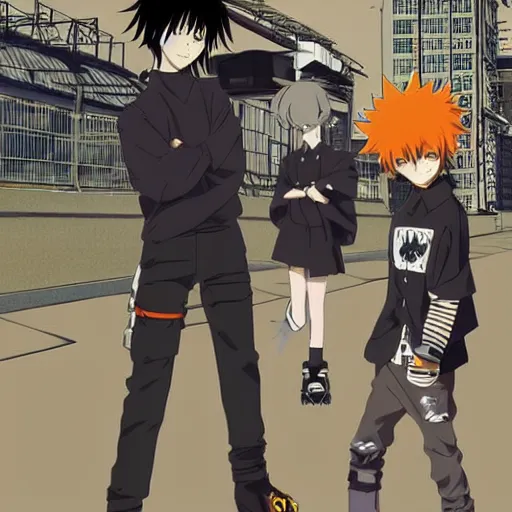 Image similar to japanese goth boy, anime boy, black hair, upturned collar, absurd spiky hair, rollerblading, rollerskates, cel - shading, 2 0 0 1 anime, flcl, jet set radio future, golden hour, japanese town, concentrated buildings, japanese neighborhood, construction site, cel - shaded, strong shadows, vivid hues, y 2 k aesthetic