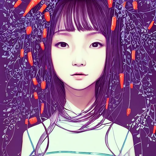 Prompt: the head of an incredibly cute and elegant korean girl partially made of carrots and blueberries looking up, an ultrafine detailed illustration by james jean, final fantasy, intricate linework, bright colors, behance contest winner, vanitas, angular, altermodern, unreal engine 5 highly rendered, global illumination, radiant light, detailed and intricate environment