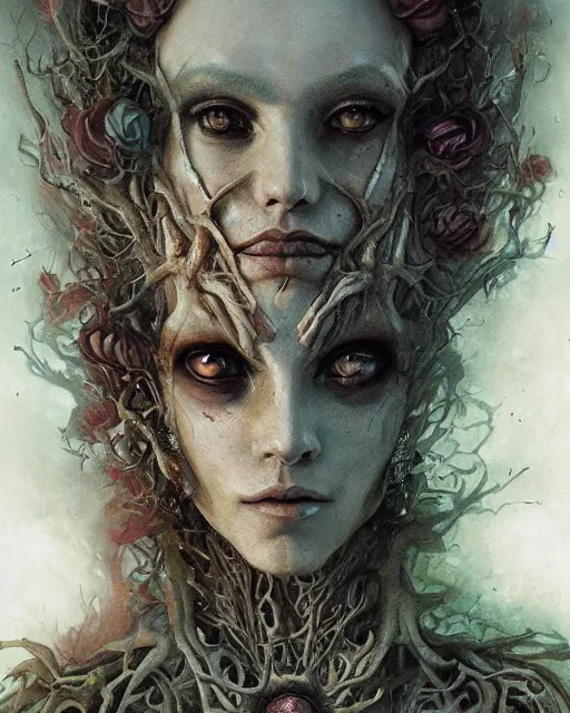 Image similar to a beautiful detailed front view portrait of a dead rotten princess with ornate growing around, ornamentation, elegant, beautifully soft lit, by wayne barlowe, peter mohrbacher, kelly mckernan