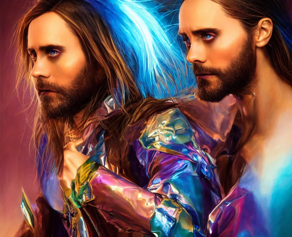 Image similar to dramatic portrait of Jared Leto, bloomed lighting, angelic, futuristic, beautiful colors, slightly golden, very sharp likeness, very detailed, chopping hands, electrical details, cinematic lighting high details, 4k, 8k, trending on artstation, ultra-realism, by Boris Vallejo and Hajime Sorayama