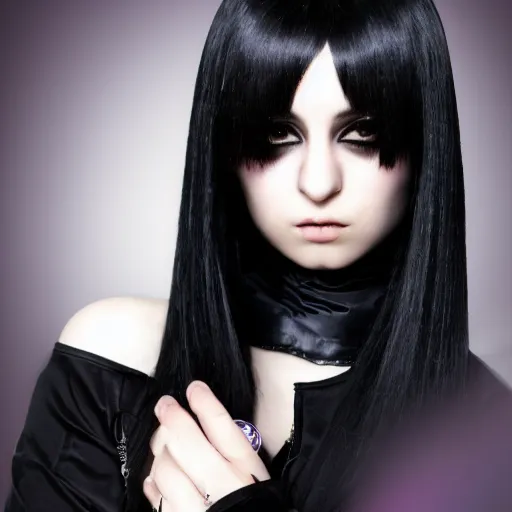 Prompt: Pale-skinned Persian girl, black hime cut hair, long bob cut hair, purple eyes, gothic jacket, mysterious girl, psychic girl, photograph