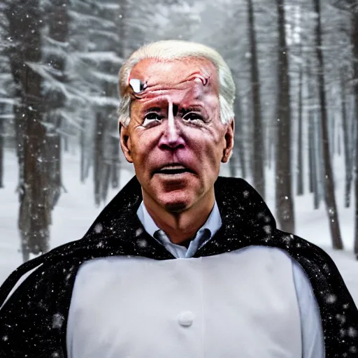 Image similar to professional photograph of angry Joe Biden with white paint on his face and wearing dark robes standing in a snowy forest, 8k, highly intricate, highly detailed,