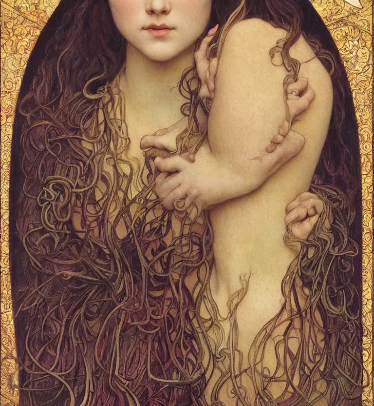 Image similar to detailed realistic beautiful young medieval queen face portrait by jean delville, alphonse mucha, vincent van gogh, and marco mazzoni, art nouveau, symbolist, visionary, gothic, pre - raphaelite