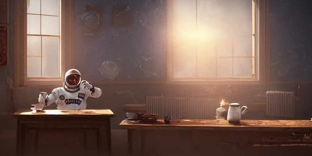 Prompt: a single cosmonaut in a spacesuit drinks a steaming cup of tea at an old wooden desk in a richly decorated indian house. the autumn light comes in through a window and dimly illuminates the room, diffuse light, octane render, 4k, matte painting