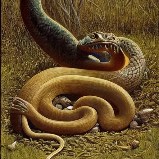 Prompt: lavish by emile galle, by michael whelan ancient roman. a beautiful land art of a snake eating its own tail that seems to go on forever.