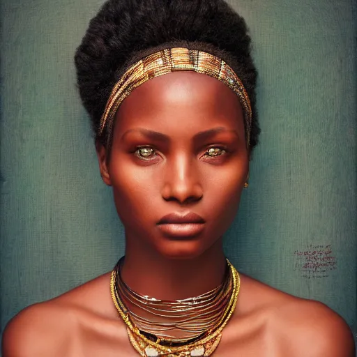 Prompt: vintage portrait of a stunningly beautiful west african female, depth of field, zeiss lens, detailed, symmetrical, centered, fashion photoshoot, by edward s curtis, Annie Leibovitz and Steve McCurry, David Lazar, Jimmy Nelsson, Breathtaking, 8k resolution, extremely detailed, beautiful, establishing shot, artistic, hyperrealistic, beautiful face, octane render