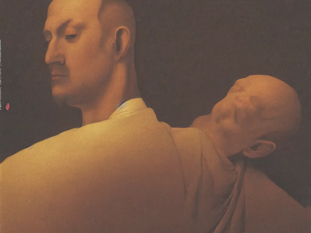 Image similar to close up portrait of a head of a man in zen meditation. painting by georges de la tour