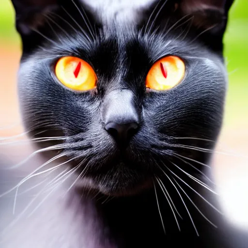 Image similar to a female black cat with red eyes and a crescent moon - shaped bald spot in her forehead