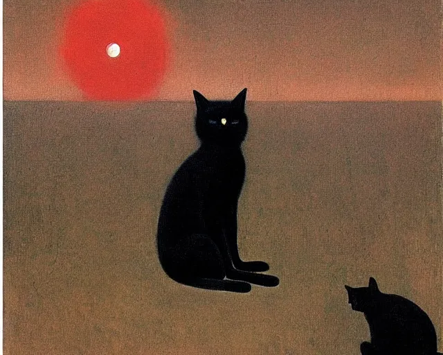 Image similar to black cat observing critical change from far away and above by carrington, bosch, beksinski, dali, barlowe, magritte