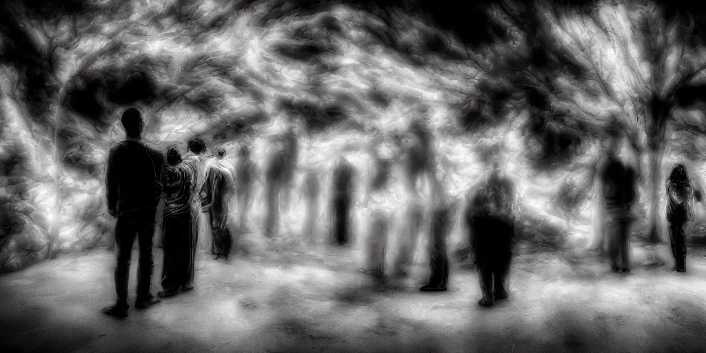 Prompt: love, groups of people in infrared, from behind, rebirth, wide angle, cinematic atmosphere, elaborate, highly detailed, dramatic lighting