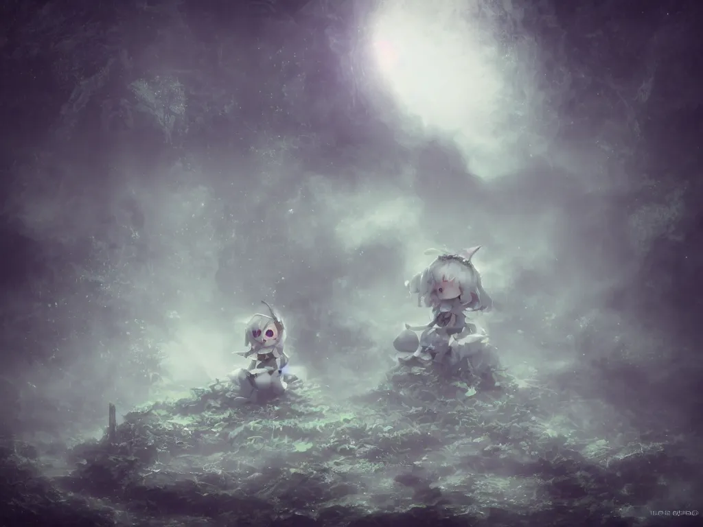 Prompt: cute fumo plush girl witch on a tiny island surrounded by murky river water, river styx, cursed otherworldly chibi gothic horror wraith maiden, lost in the milky void, hazy heavy magical glowing swirling murky volumetric fog and smoke, concrete brutalist ruins, moonglow, lens flare, vray