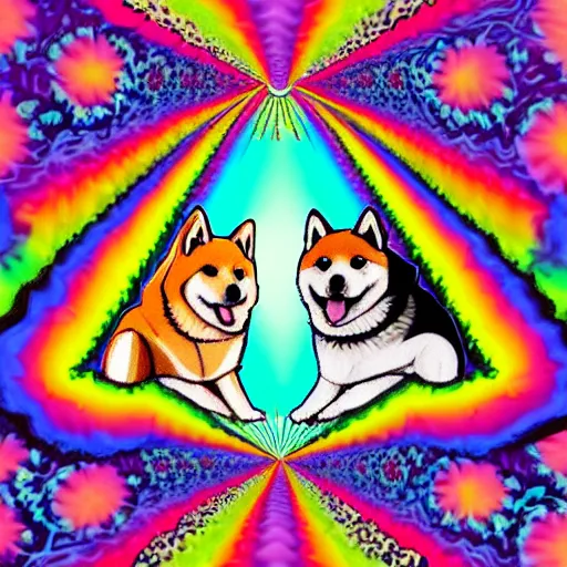 Image similar to two shiba inu in the psychedelic baroque dmt fourth dimensional tunnel