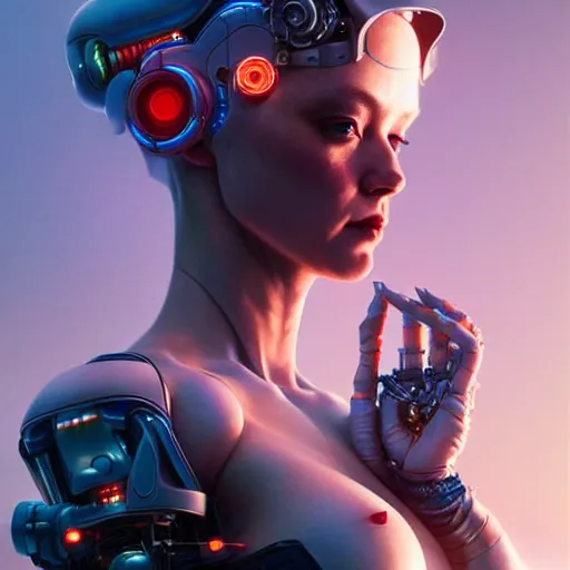 Prompt: a beautiful highly detailed futuristic mechanical lady, seductive confident pose, art by greg rutkowski and mark keathley, geof darrow, cyberpunk, 7 0 mm photo, featured on artstation, 4 k, octane render
