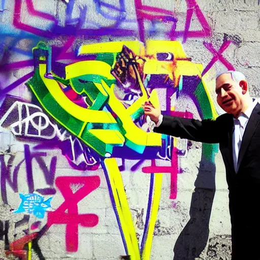 Image similar to benjamin netanyahu, graffiti, photograph, made by banksy, vivid colors, spray brush, midday, sunny, professional