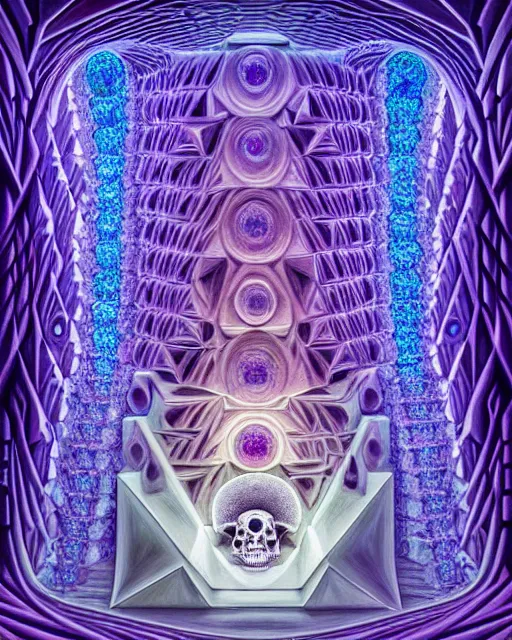 Image similar to detailed realistic geometric painting of a diorama of a mandelbulb white masonic temple inside of a hollow skull carved out of illuminating cyan light in the purple frozen tundra with ruy gems in ice double helix igloo stacked like jenga symmetry by alex grey