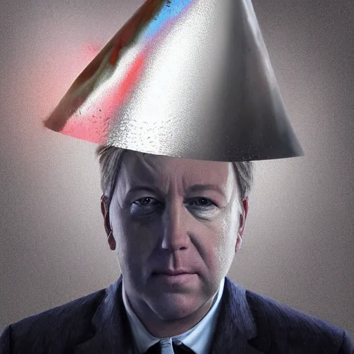 Image similar to hyperrealistic mixed media image of info wars alex jones wearing tin foil cone shaped hat, stunning 3 d render inspired art by xiang duan and thomas eakes and greg rutkowski, perfect facial symmetry, hyper realistic texture, realistic, highly detailed attributes and atmosphere, dim volumetric cinematic lighting, 8 k octane detailed render, post - processing, masterpiece,