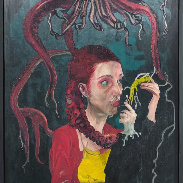 Prompt: a portrait in a dark cafe, a woman holding an octopus, streetlamps, wet, puddles, wild berries, rats, ikebana, neo - expressionism, surrealism, acrylic and spray paint and oilstick on canvas