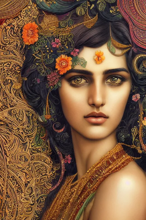 Prompt: a stunning ultradetailed illustration of an indian woman with epic wavy hair surrounded by paisleys and art nouveau floral patterns, by vania zouravilov and tom bagshaw, deep depth of field, catchlight in the eyes, studio lighting, golden ratio composition, 3 5 mm lens, very detailed, 8 k, artstation