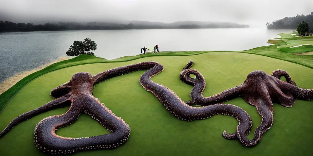 Image similar to a great photograph of the most amazing golf hole in the world, surrounded by water, giant octopus, ambient light, golf digest, top 1 0 0, fog