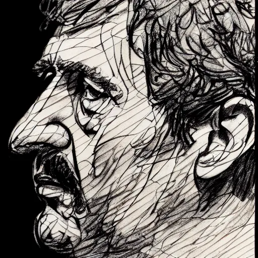 Image similar to a realistic yet scraggly portrait sketch of the side profile of a stern and sophisticated gene ween, trending on artstation, intricate details, in the style of frank auerbach, in the style of sergio aragones, in the style of martin ansin, in the style of david aja, in the style of mattias adolfsson