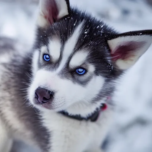 Image similar to A husky puppy with two different colored eyes, snowy environment, detailed close-up, 4k photo