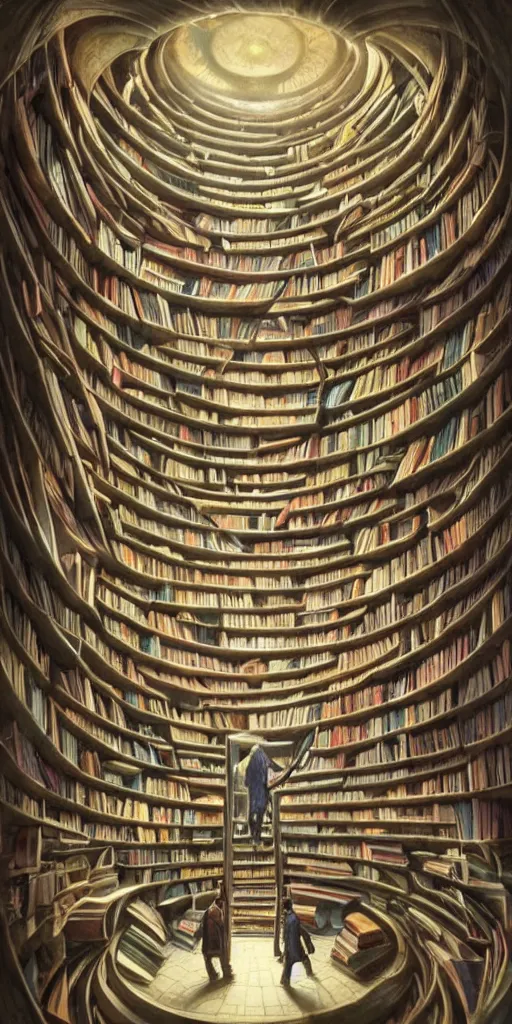 Image similar to a man standing in front of a surreal spiral book shelf filled with books, a storybook illustration by james paick, cgsociety, fantasy art, lovecraftian, academic art, mystical