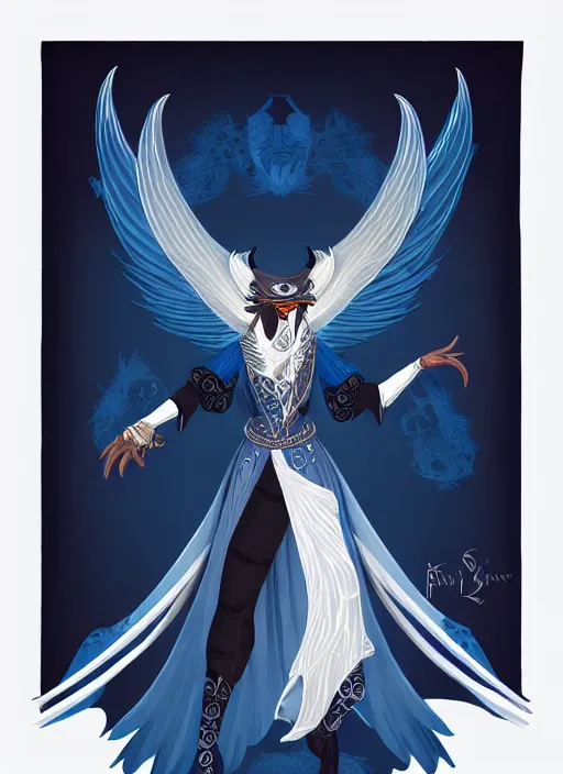 Image similar to hawk and raven headed warlock, wind magic, blue robes, exquisite details, full body character design on a white background, by studio muti