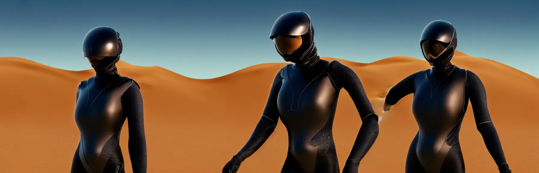 Prompt: closeup of a person in a black high tech dune stillsuit, in the desert, intricate and epic concept art, highly detailed, 8k, cinematic, sharp focus