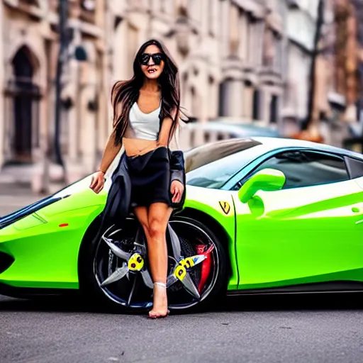 Image similar to an instagram influencer with a ferrari