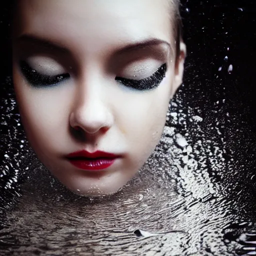 Prompt: beautiful woman in liquid fluid simulation, female upper body, beautiful supermodel, black wave patterns, cinematic light, surreal face portrait, cinestill, film still, body portrait, geisha, optical illusion, art noveau, magic hour, female balaclava, modelling pose, glamour, body acts