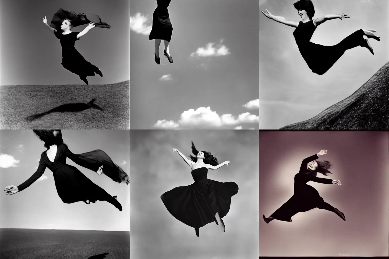 Prompt: a photgraph by philippe halsman of a woman wearing a black dress flying though the air