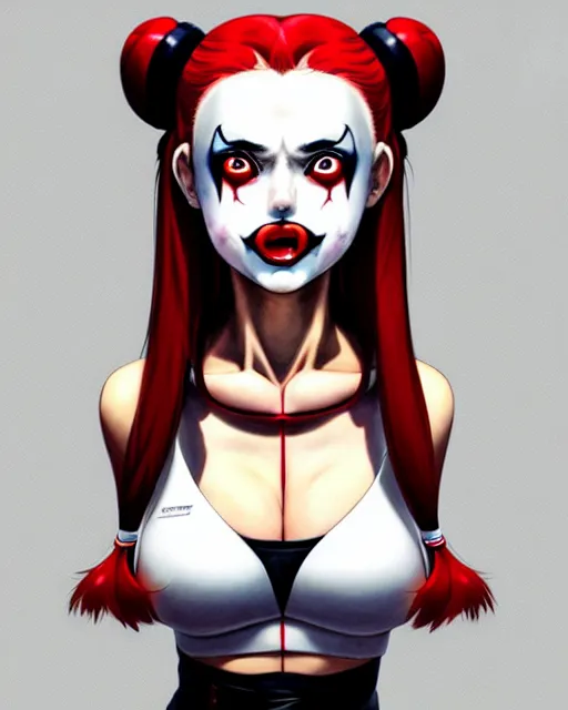Image similar to portrait Anime as harley-quinn girl cute-fine-face, brown-red-hair pretty face, realistic shaded Perfect face, fine details. Anime. hair-pigtails, clown black-red suit realistic shaded lighting by Ilya Kuvshinov katsuhiro otomo ghost-in-the-shell, magali villeneuve, artgerm, rutkowski, WLOP Jeremy Lipkin and Giuseppe Dangelico Pino and Michael Garmash and Rob Rey