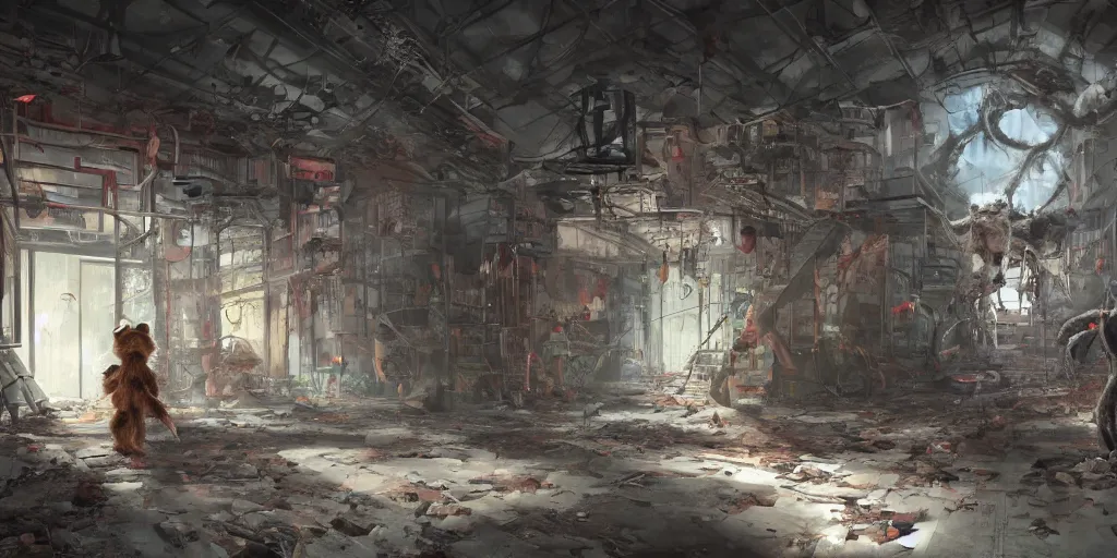 Prompt: Inside of an abandoned toy factory with running furry human-sized scary toys, dramatic, interior, artstation, horror game, digital art made by Stanley Artgerm Lau, WLOP, Rossdraws, James Jean, Andrei Riabovitchev, Marc Simonetti, Yoshitaka Amano, ArtStation, CGSociety