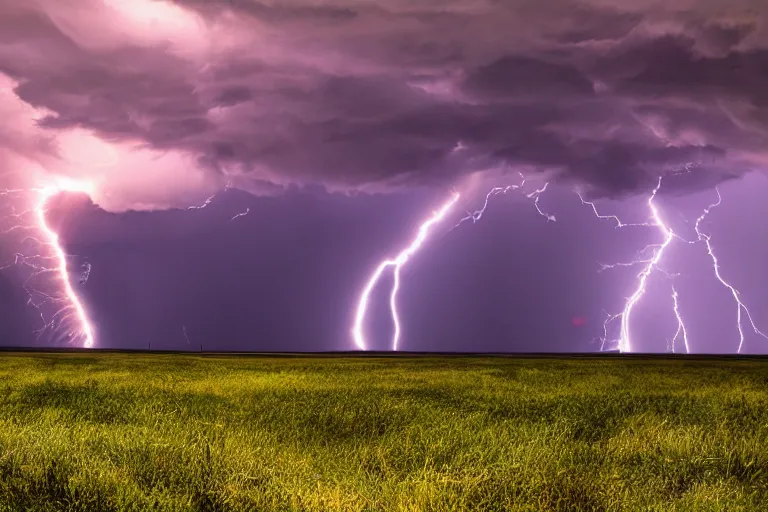 Image similar to a photograph of a tornado, thunderstorm, lightning bolts, illuminated from various angles by the setting sun, cinematic, dramatic lighting, mystic hue