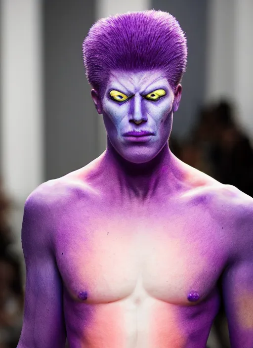 Image similar to hyperrealistic and heavy detailed off white avant garde runway show of thanos ( marvel comics ), leica sl 2 5 0 mm, vivid color, high quality, high textured, real life