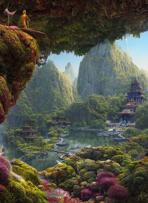 Image similar to visions of a gorgeous landscape of utopian nature surrounding shangri la with vedic architecture and precise details by alex grey, and greg rutkowski, filled with nature gods and dreamcatcher portals, hdr, 3 d, photorealism, mandelbulb 3 d, volumetric lighting, octane render.