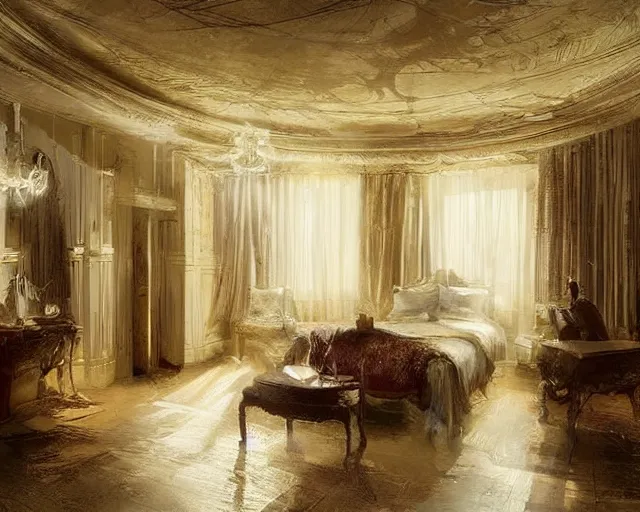 Prompt: a luxury hotel! suite room in the style of shakespearean! london!, art by greg rutkowski and artgerma, stunning! concept art, interior! design