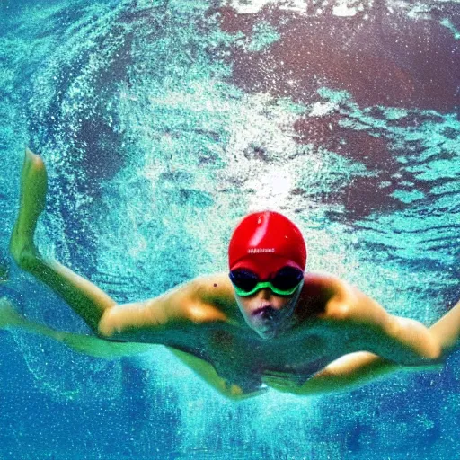 Image similar to professional swimmer swimming in outer space. stunning planets and galaxies in the background.