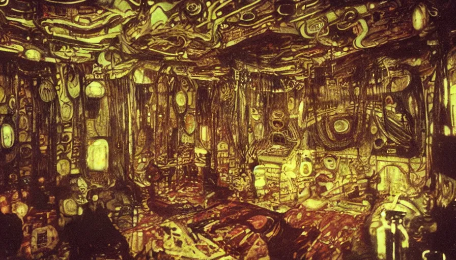 Image similar to an autochrome of a sci - fi 1 9 0 0's opium den with living, fleshy cronenberg walls, filmset interior of alien, designed by gustav klimt, octane renderer