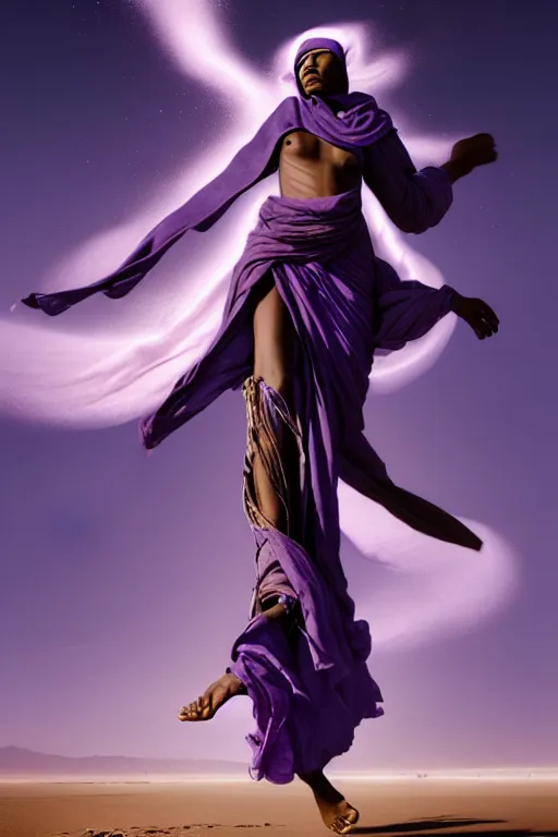 Image similar to full lenght flowing twisted clothes like tornado a old tuareg woman, many fabric, stones near foot, wind, stands on sand, full body shot, dark background, pastel purple colour scheme, jellyfish phoenix, highly detailed. by caravaggio, greg rutkowski