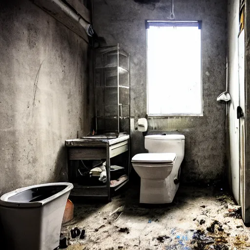 Image similar to a darkly lit janitors room with a toilet in the corner, cleaning supplies, grungy, dirty, highly detailed