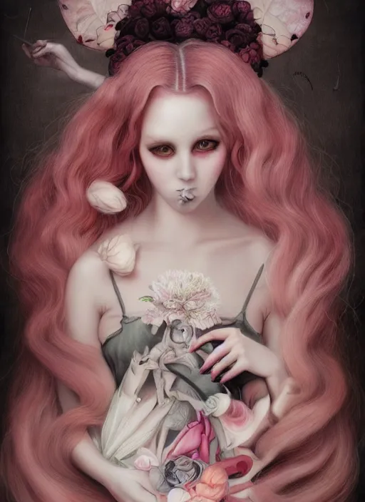 Image similar to pop surrealism, lowbrow art, realistic cute seductive feminine girl painting, japanese street fashion, hyper realism, muted colours, rococo, natalie shau, loreta lux, tom bagshaw, mark ryden, trevor brown style,