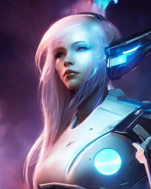 Image similar to perfect android girl on a mothership, warframe armor, beautiful face, scifi, futuristic, galaxy, nebula, raytracing, dreamy, long white hair, blue cyborg eyes, sharp focus, cinematic lighting, highly detailed, artstation, divine, by gauthier leblanc, kazuya takahashi, huifeng huang